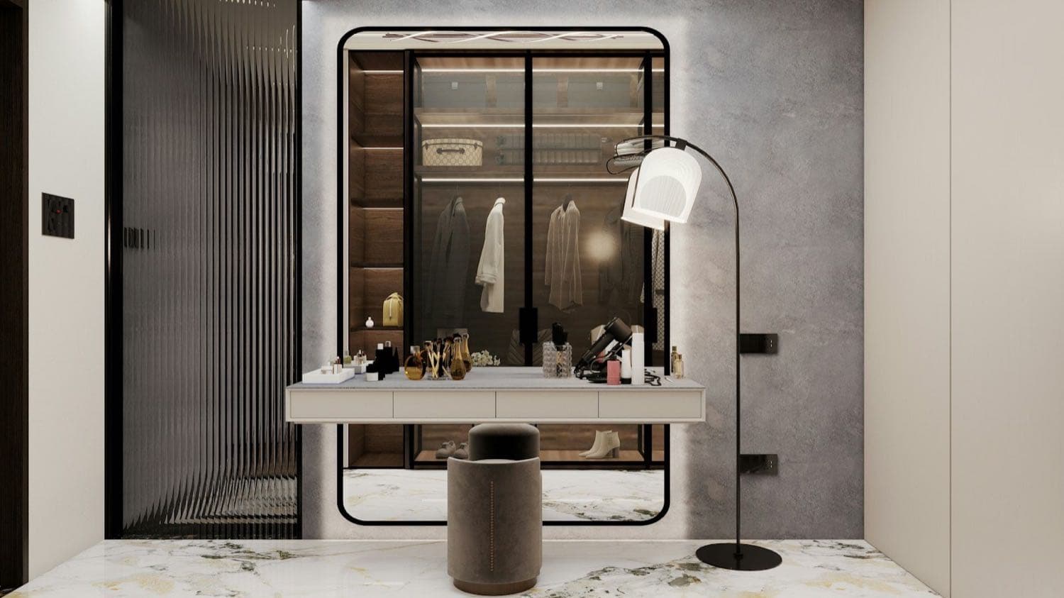 Un dressing sur mesure avec penderie ouverte et coiffeuse