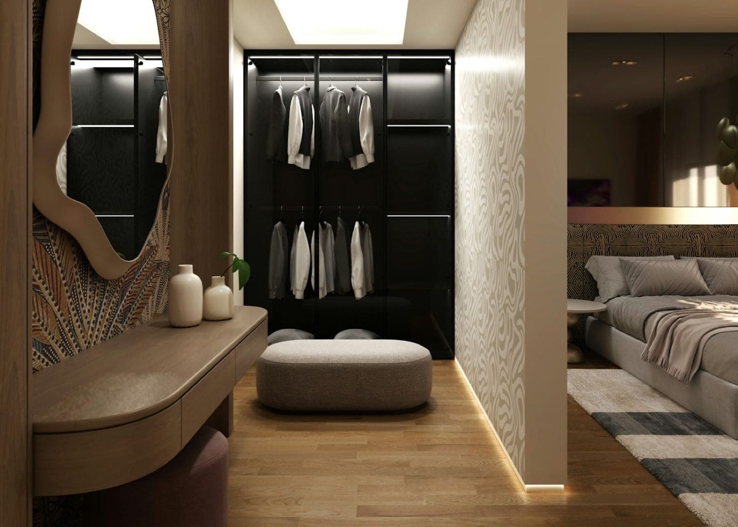 Un dressing contemporain avec sa coiffeuse et son miroir